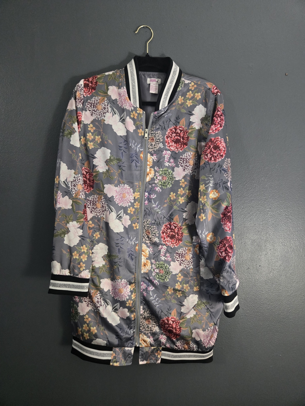 Floral Grunge Longline Gray Bomber Jacket XL